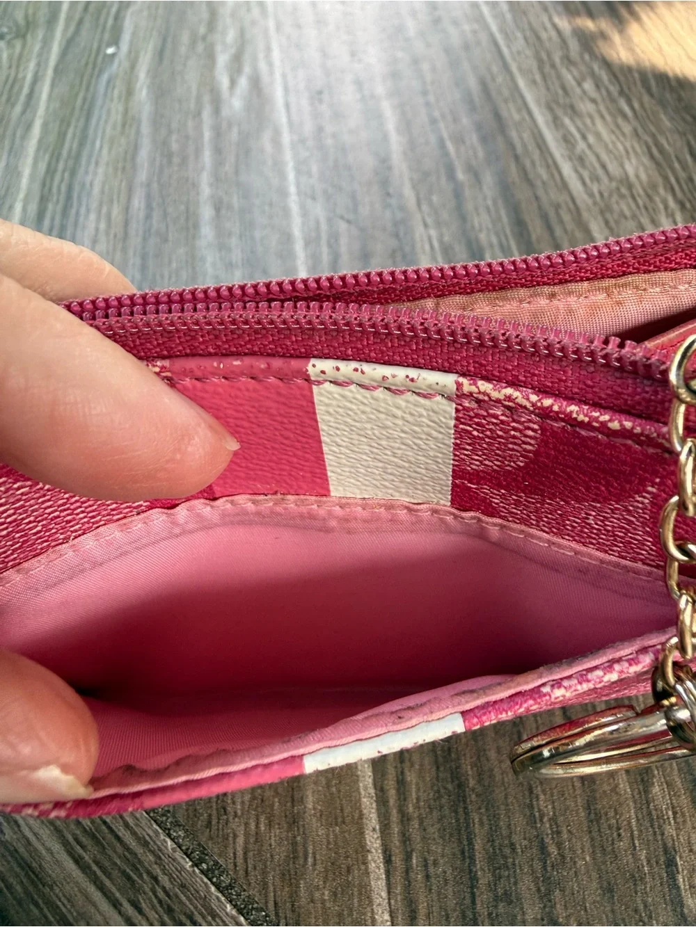 Coach Pink Signature Stripe Key & Card Holder Wallet